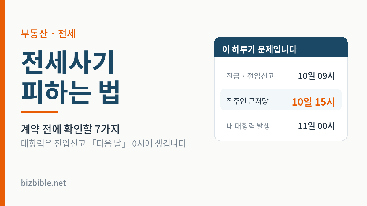 전세사기 피하는 법 - 잔금일 09시 전입신고, 15시 집주인 근저당 설정, 다음 날 00시 대항력 발생 순서를 보여주는 표