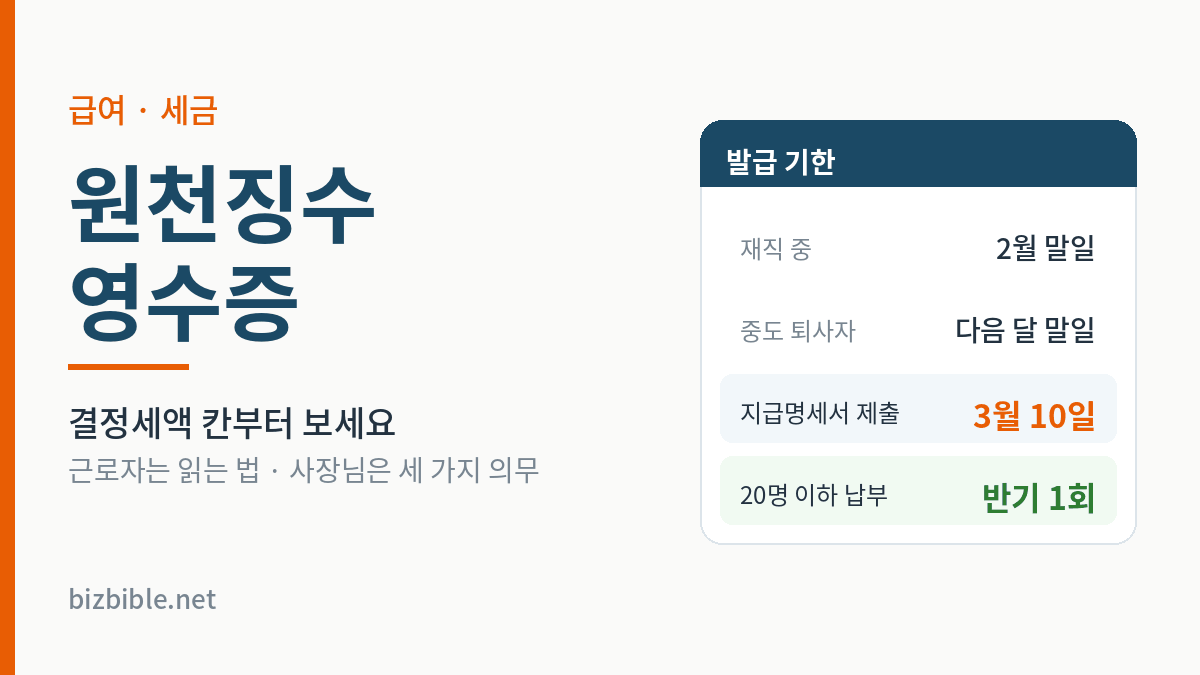 근로소득 원천징수영수증 발급 기한 — 재직 중 2월 말일, 중도 퇴사자 다음 달 말일, 지급명세서 3월 10일, 20명 이하 반기 1회 납부